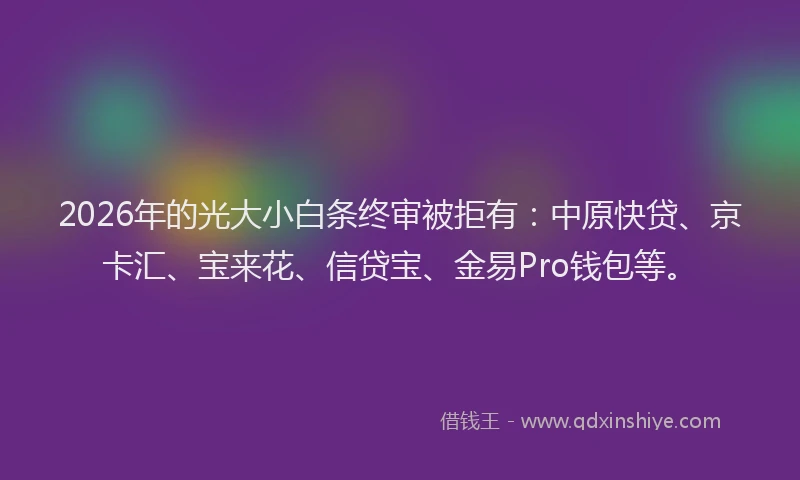 2026年的光大小白条终审被拒有：中原快贷、京卡汇、宝来花、信贷宝、金易Pro钱包等。