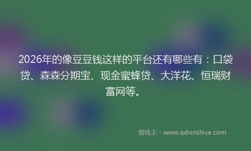 2026年的像豆豆钱这样的平台还有哪些有：口袋贷、森森分期宝、现金蜜蜂贷、大洋花、恒瑞财富网等。