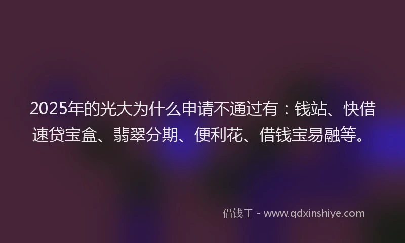 2025年的光大为什么申请不通过有：钱站、快借速贷宝盒、翡翠分期、便利花、借钱宝易融等。