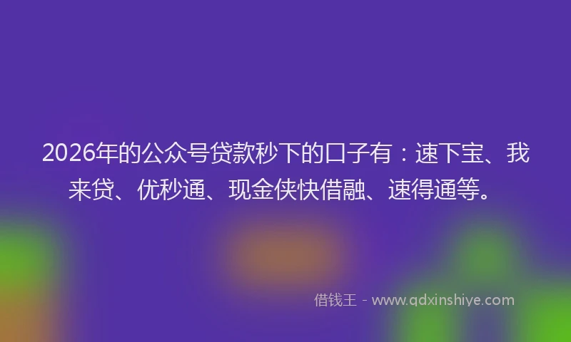 2026年的公众号贷款秒下的口子有：速下宝、我来贷、优秒通、现金侠快借融、速得通等。