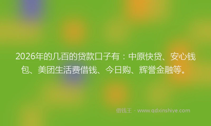 2026年的几百的贷款口子有:中原快贷、安心钱包、美团生活费借钱、今日购、辉誉金融等。