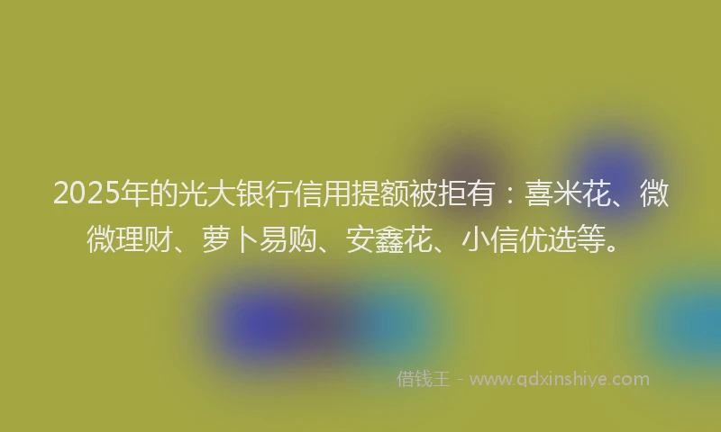2025年的光大银行信用提额被拒有：喜米花、微微理财、萝卜易购、安鑫花、小信优选等。