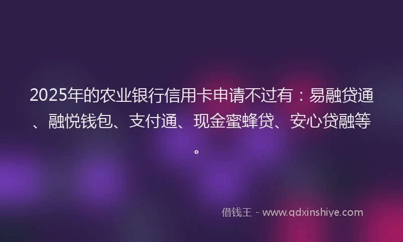2025年的农业银行信用卡申请不过有:易融贷通、融悦钱包、支付通、现金蜜蜂贷、安心贷融等。