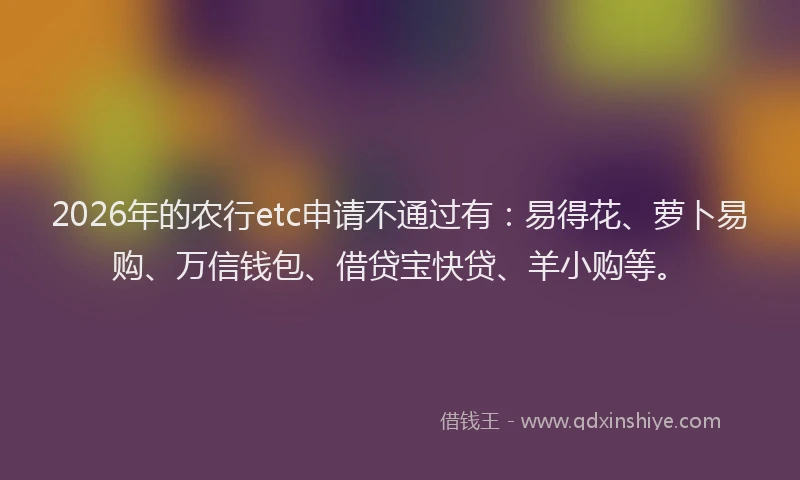 2026年的农行etc申请不通过有：易得花、萝卜易购、万信钱包、借贷宝快贷、羊小购等。