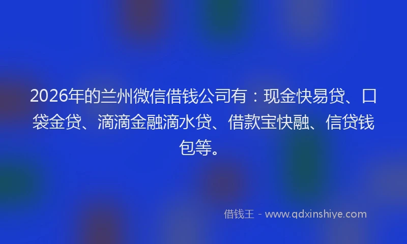 2026年的兰州微信借钱公司有:现金快易贷、口袋金贷、滴滴金融滴水贷、借款宝快融、信贷钱包等。