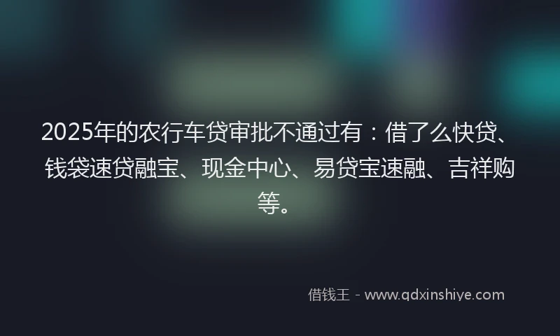 2025年的农行车贷审批不通过有：借了么快贷、钱袋速贷融宝、现金中心、易贷宝速融、吉祥购等。