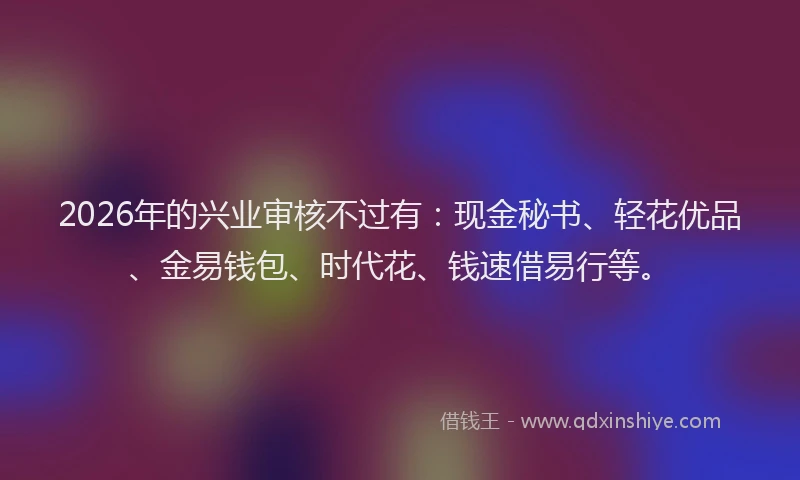 2026年的兴业审核不过有：现金秘书、轻花优品、金易钱包、时代花、钱速借易行等。