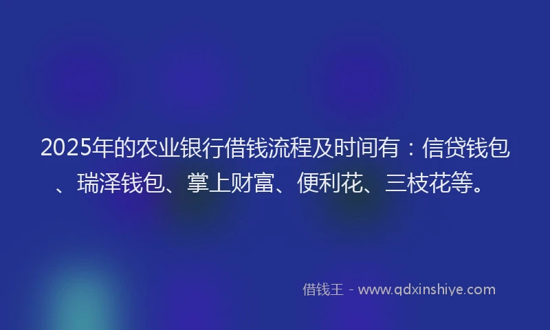 2025年的农业银行借钱流程及时间有：信贷钱包、瑞泽钱包、掌上财富、便利花、三枝花等。