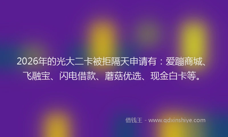 2026年的光大二卡被拒隔天申请有：爱蹦商城、飞融宝、闪电借款、蘑菇优选、现金白卡等。
