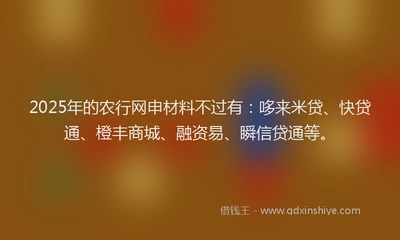 2025年的农行网申材料不过有：哆来米贷、快贷通、橙丰商城、融资易、瞬信贷通等。
