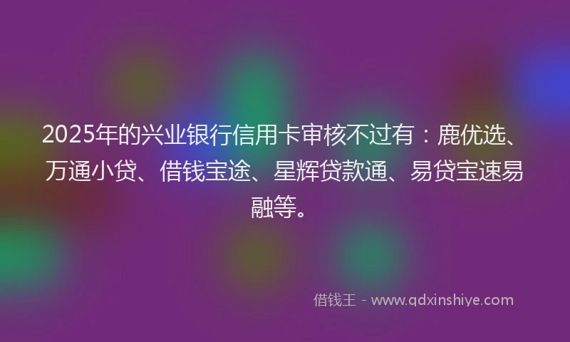 2025年的兴业银行信用卡审核不过有：鹿优选、万通小贷、借钱宝途、星辉贷款通、易贷宝速易融等。
