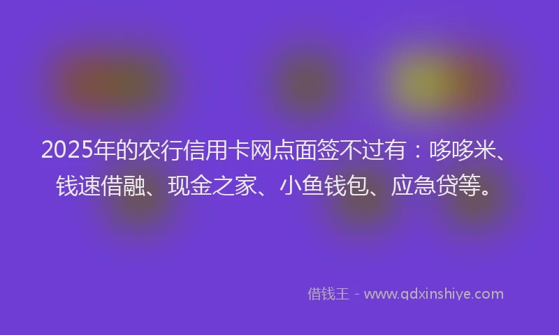 2025年的农行信用卡网点面签不过有:哆哆米、钱速借融、现金之家、小鱼钱包、应急贷等。