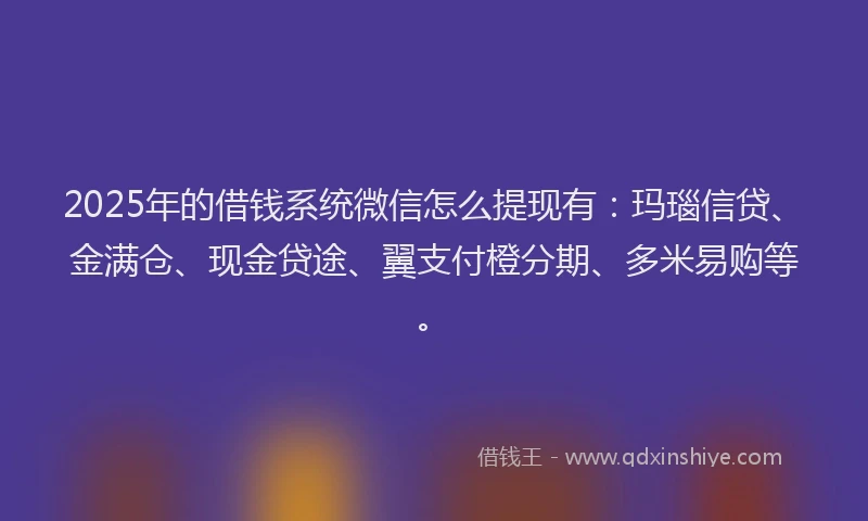 2025年的借钱系统微信怎么提现有：玛瑙信贷、金满仓、现金贷途、翼支付橙分期、多米易购等。