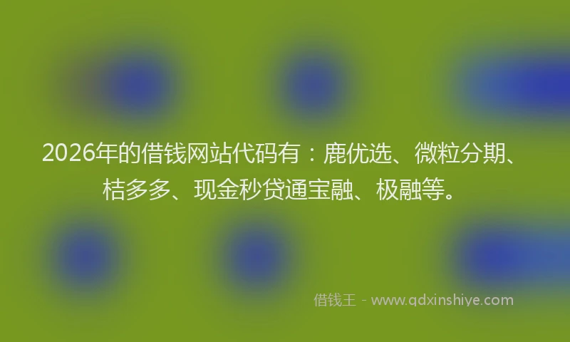 2026年的借钱网站代码有：鹿优选、微粒分期、桔多多、现金秒贷通宝融、极融等。