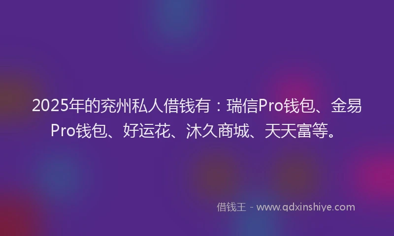 2025年的兖州私人借钱有：瑞信Pro钱包、金易Pro钱包、好运花、沐久商城、天天富等。