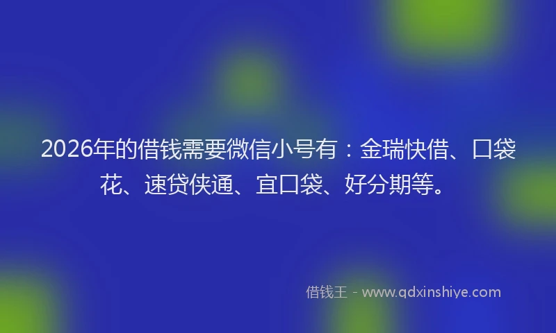 2026年的借钱需要微信小号有：金瑞快借、口袋花、速贷侠通、宜口袋、好分期等。