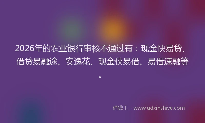 2026年的农业银行审核不通过有:现金快易贷、借贷易融途、安逸花、现金侠易借、易借速融等。