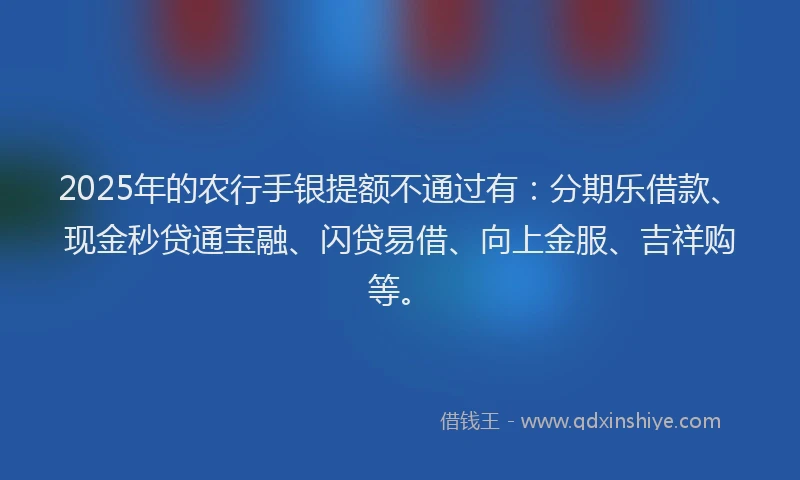 2025年的农行手银提额不通过有:分期乐借款、现金秒贷通宝融、闪贷易借、向上金服、吉祥购等。