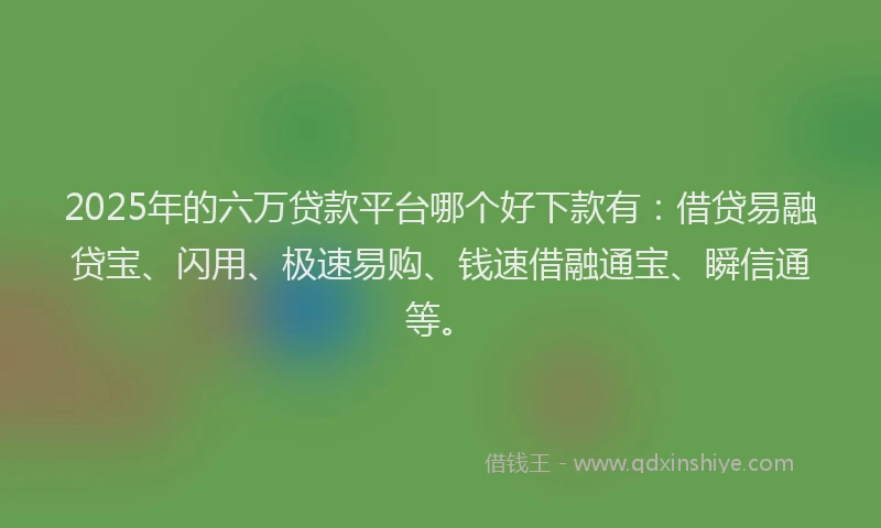 2025年的六万贷款平台哪个好下款有:借贷易融贷宝、闪用、极速易购、钱速借融通宝、瞬信通等。