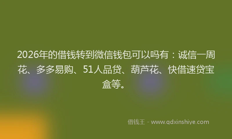 2026年的借钱转到微信钱包可以吗有:诚信一周花、多多易购、51人品贷、葫芦花、快借速贷宝盒等。