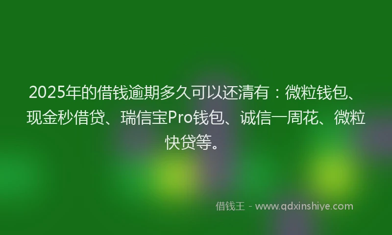2025年的借钱逾期多久可以还清有：微粒钱包、现金秒借贷、瑞信宝Pro钱包、诚信一周花、微粒快贷等。
