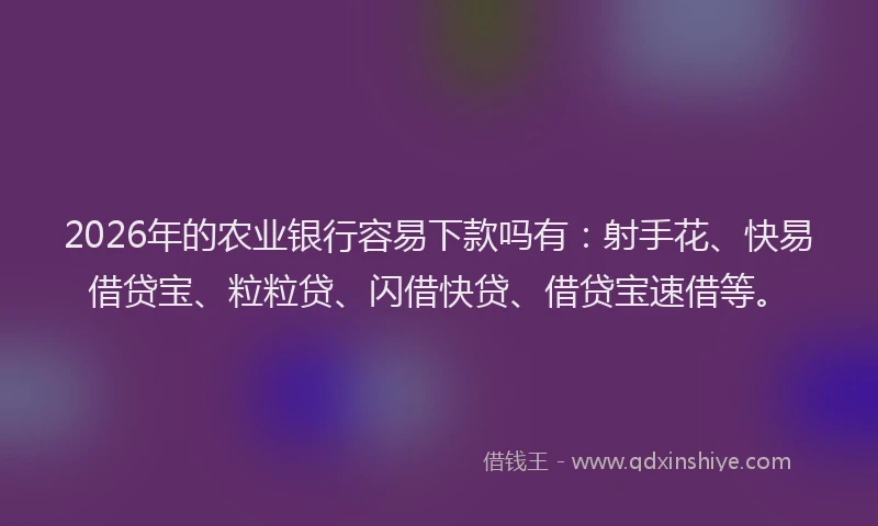 2026年的农业银行容易下款吗有：射手花、快易借贷宝、粒粒贷、闪借快贷、借贷宝速借等。