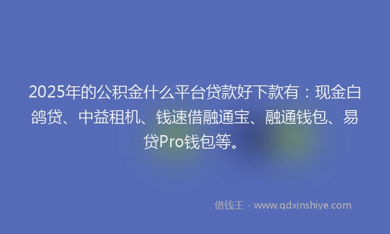 2025年的公积金什么平台贷款好下款有：现金白鸽贷、中益租机、钱速借融通宝、融通钱包、易贷Pro钱包等。
