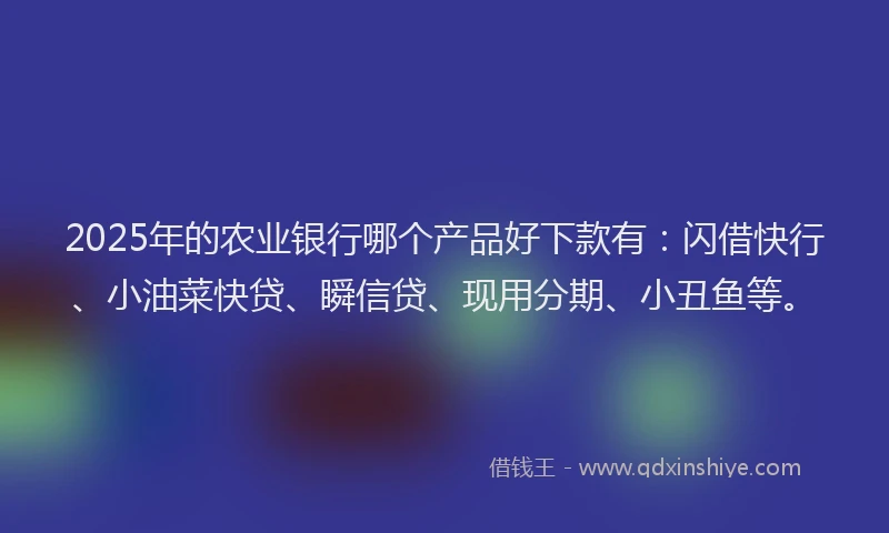 2025年的农业银行哪个产品好下款有：闪借快行、小油菜快贷、瞬信贷、现用分期、小丑鱼等。
