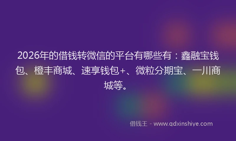 2026年的借钱转微信的平台有哪些有：鑫融宝钱包、橙丰商城、速享钱包+、微粒分期宝、一川商城等。