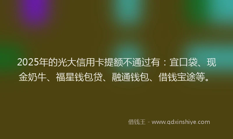 2025年的光大信用卡提额不通过有：宜口袋、现金奶牛、福星钱包贷、融通钱包、借钱宝途等。