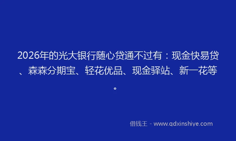 2026年的光大银行随心贷通不过有：现金快易贷、森森分期宝、轻花优品、现金驿站、新一花等。