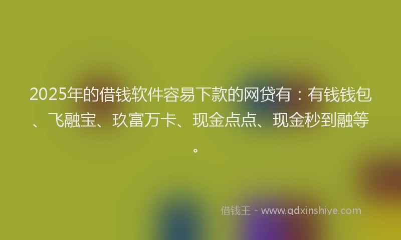 2025年的借钱软件容易下款的网贷有:有钱钱包、飞融宝、玖富万卡、现金点点、现金秒到融等。