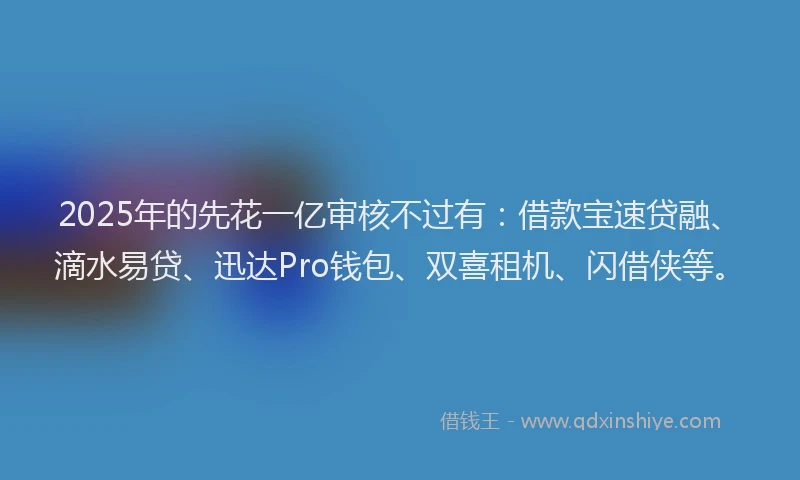 2025年的先花一亿审核不过有：借款宝速贷融、滴水易贷、迅达Pro钱包、双喜租机、闪借侠等。