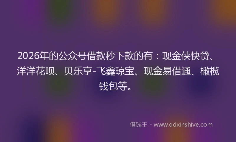 2026年的公众号借款秒下款的有：现金侠快贷、洋洋花呗、贝乐享-飞鑫琼宝、现金易借通、橄榄钱包等。