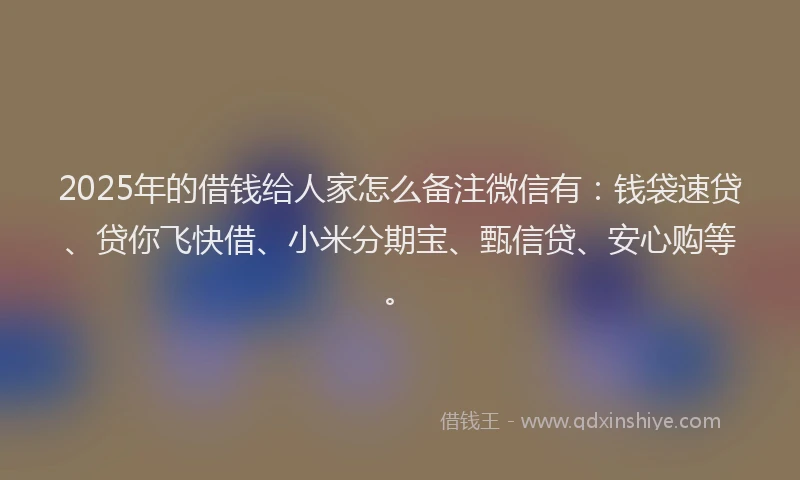 2025年的借钱给人家怎么备注微信有：钱袋速贷、贷你飞快借、小米分期宝、甄信贷、安心购等。