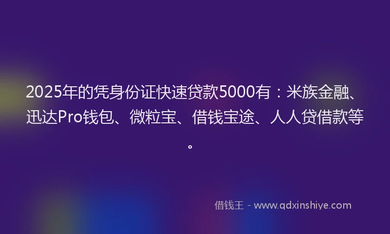 2025年的凭身份证快速贷款5000有：米族金融、迅达Pro钱包、微粒宝、借钱宝途、人人贷借款等。