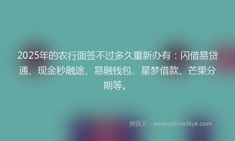 2025年的农行面签不过多久重新办有：闪借易贷通、现金秒融途、易融钱包、星梦借款、芒果分期等。