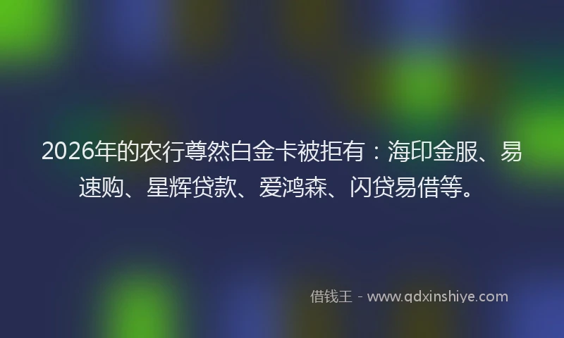 2026年的农行尊然白金卡被拒有：海印金服、易速购、星辉贷款、爱鸿森、闪贷易借等。