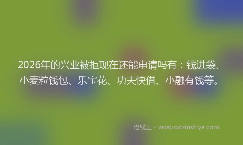 2026年的兴业被拒现在还能申请吗有：钱进袋、小麦粒钱包、乐宝花、功夫快借、小融有钱等。