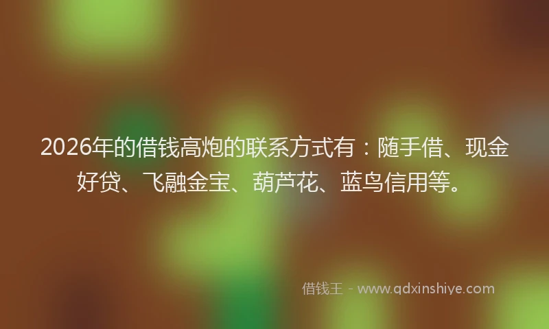 2026年的借钱高炮的联系方式有:随手借、现金好贷、飞融金宝、葫芦花、蓝鸟信用等。