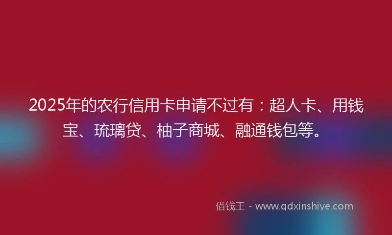 2025年的农行信用卡申请不过有：超人卡、用钱宝、琉璃贷、柚子商城、融通钱包等。