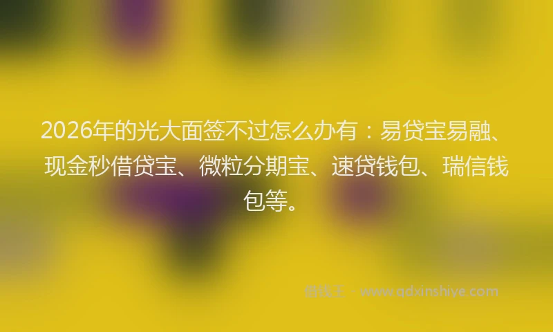 2026年的光大面签不过怎么办有:易贷宝易融、现金秒借贷宝、微粒分期宝、速贷钱包、瑞信钱包等。