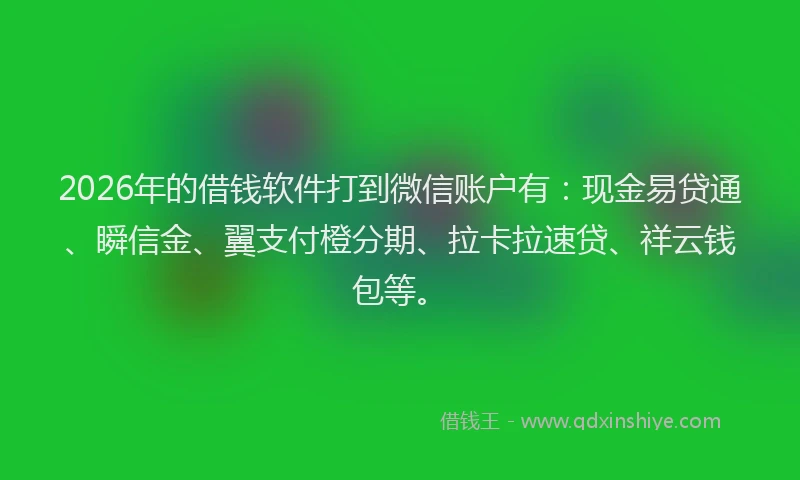 2026年的借钱软件打到微信账户有:现金易贷通、瞬信金、翼支付橙分期、拉卡拉速贷、祥云钱包等。