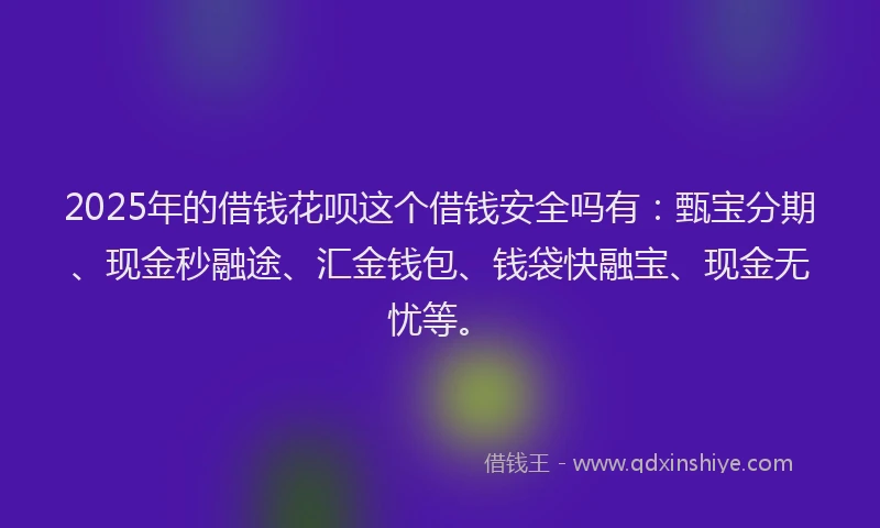 2025年的借钱花呗这个借钱安全吗有：甄宝分期、现金秒融途、汇金钱包、钱袋快融宝、现金无忧等。