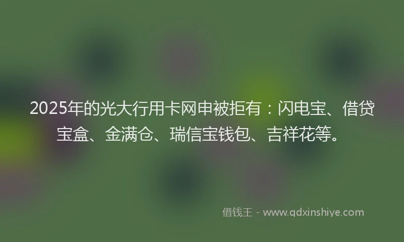 2025年的光大行用卡网申被拒有:闪电宝、借贷宝盒、金满仓、瑞信宝钱包、吉祥花等。