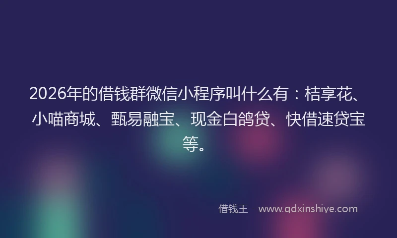 2026年的借钱群微信小程序叫什么有：桔享花、小喵商城、甄易融宝、现金白鸽贷、快借速贷宝等。