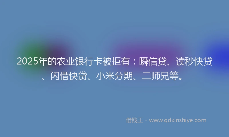 2025年的农业银行卡被拒有:瞬信贷、读秒快贷、闪借快贷、小米分期、二师兄等。