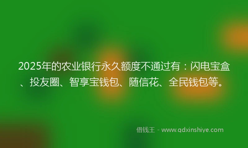 2025年的农业银行永久额度不通过有:闪电宝盒、投友圈、智享宝钱包、随信花、全民钱包等。