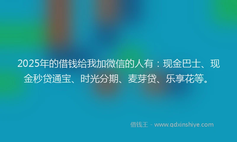 2025年的借钱给我加微信的人有：现金巴士、现金秒贷通宝、时光分期、麦芽贷、乐享花等。