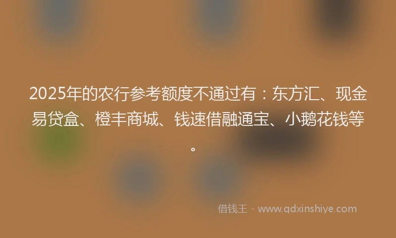 2025年的农行参考额度不通过有:东方汇、现金易贷盒、橙丰商城、钱速借融通宝、小鹅花钱等。